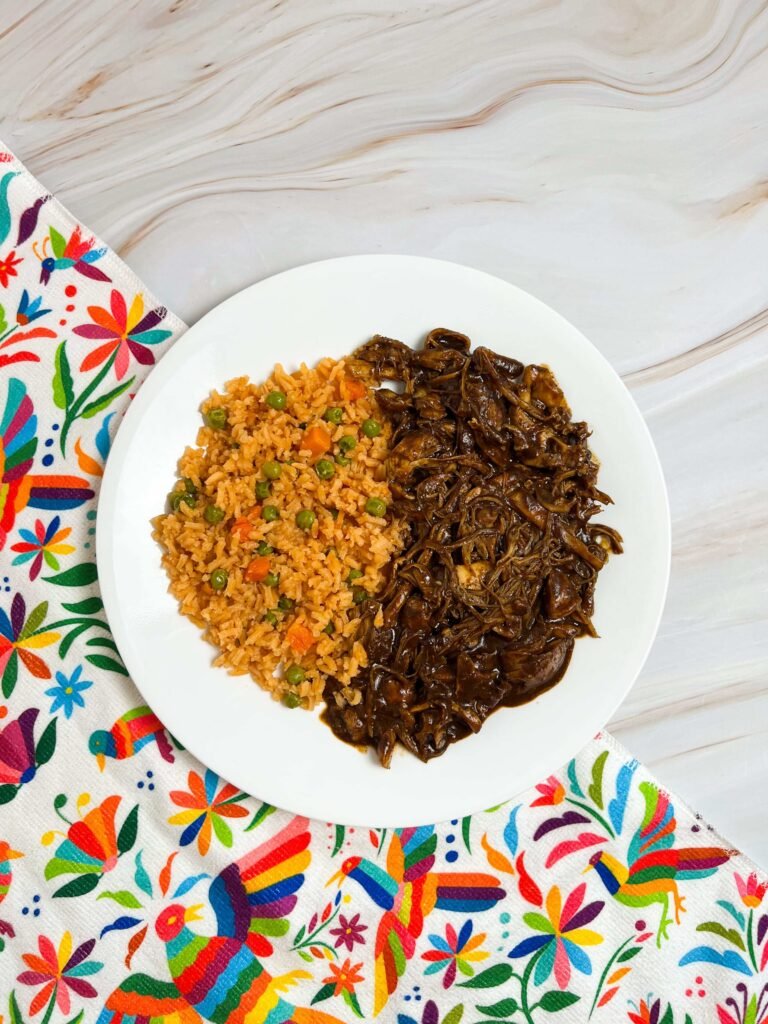 chicken mole and rice on a white plate