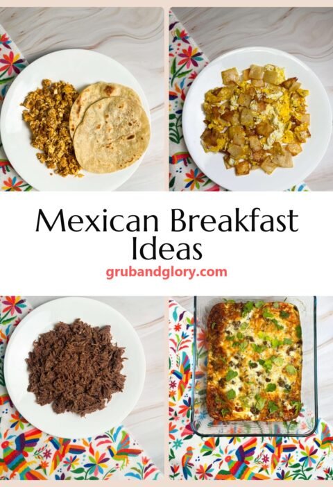 Collage of chorizo con huevo, migas, barbacoa and chile relleno casserole for Mexican breakfast