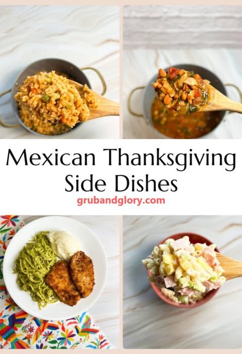 Collage of Mexican rice, charro beans, green spaghetti and ensalada de coditos for Thanksgiving