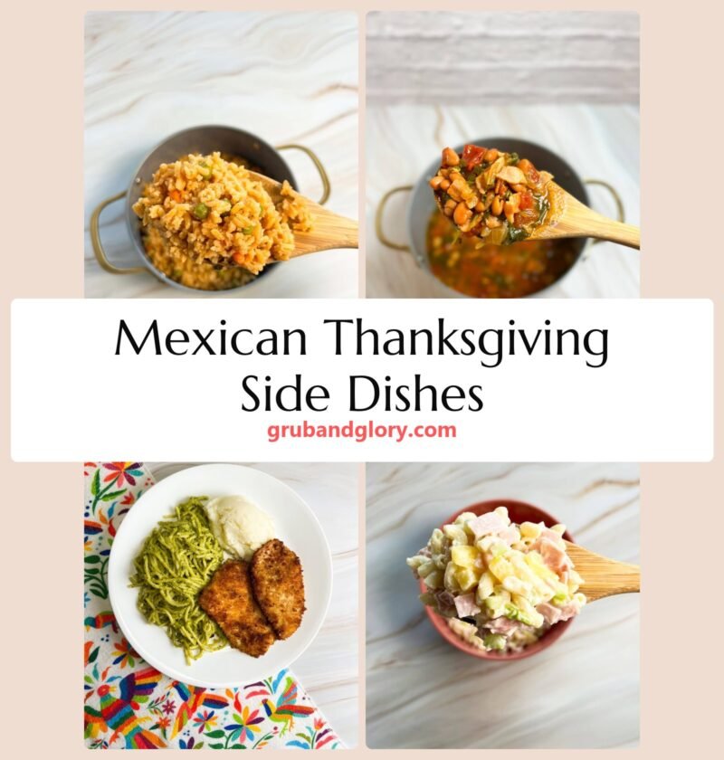 Collage of Mexican rice, charro beans, green spaghetti and ensalada de coditos for Thanksgiving