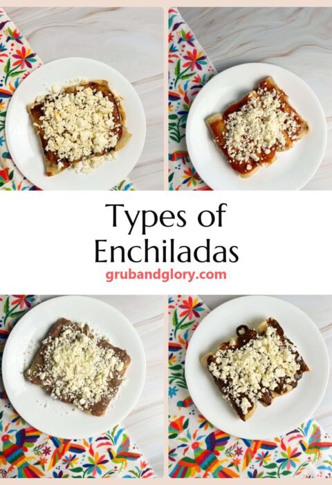 Collage of enchiladas rojas, entomatadas, enfrijoladas and enmoladas